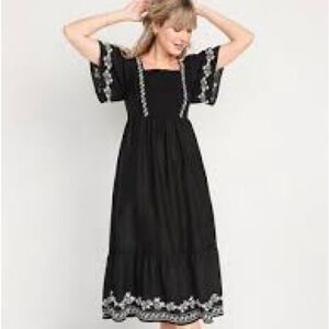 Old Navy Black Midi Dress with White Embroidery